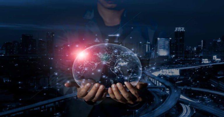 Businessman holding in hands with 3D graphic model of globe for global network connection and technology communication concept